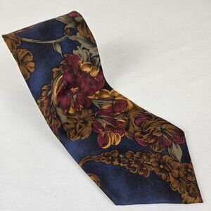 Pierre Cardin 100% Silk Men's Tie Red Gold Floral Pattern Navy Blue Background